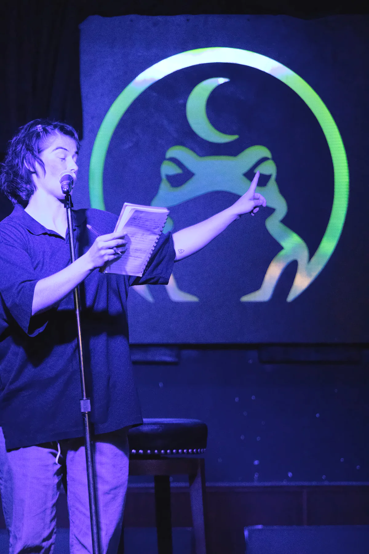 A performer reading from a notebook at a microphone stand and pointing across the stage, the lit toad glowing green on the wall behind them.
