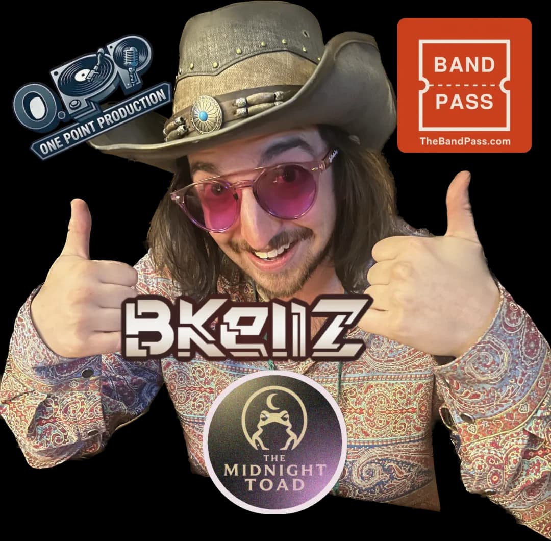 Bkellz poster — a performer in a wide-brim hat and pink sunglasses giving two thumbs up.