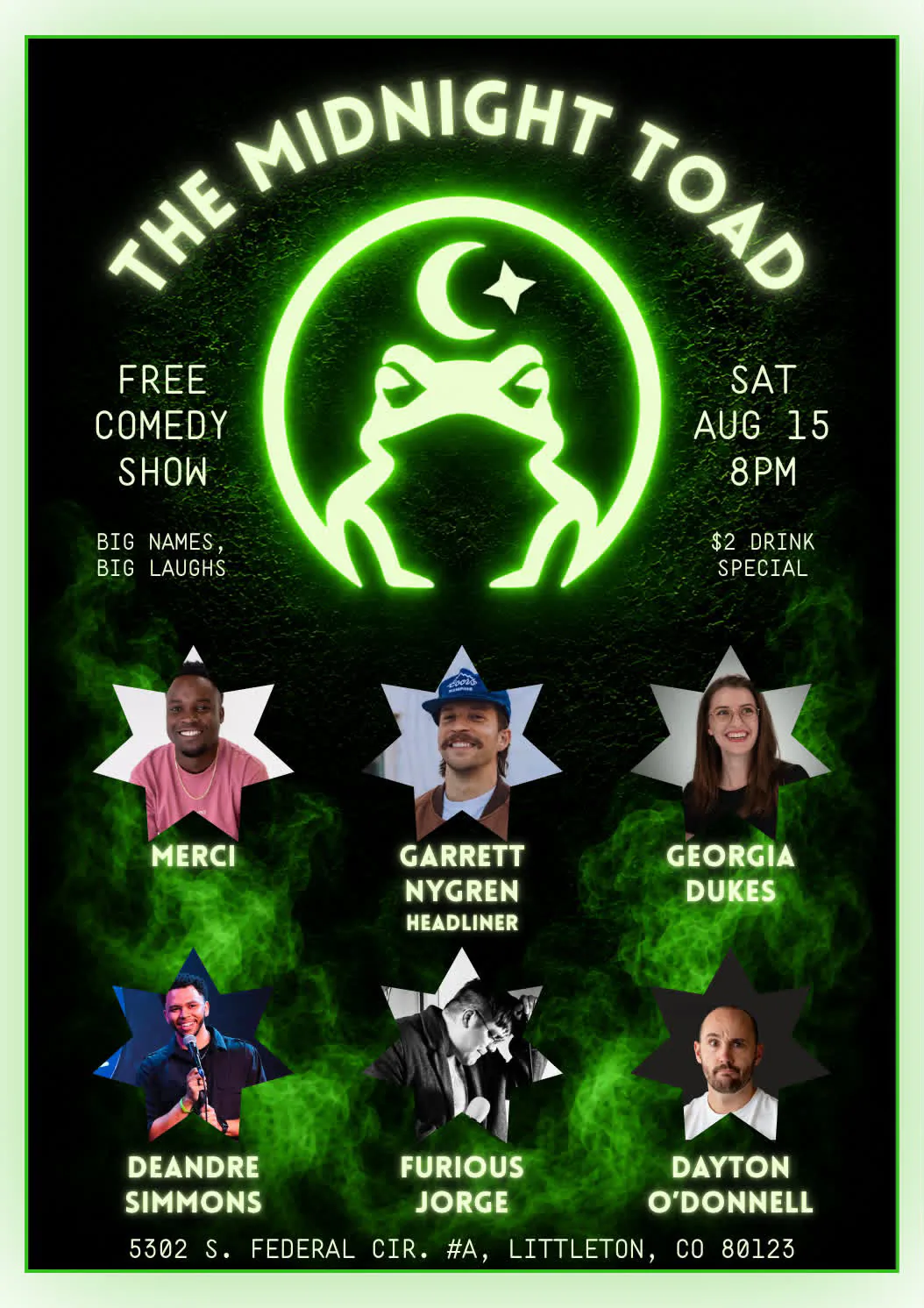 Free Comedy Show poster — the neon Midnight Toad mark over six comedians’ portraits set in stars, Saturday August 15 at 8pm.