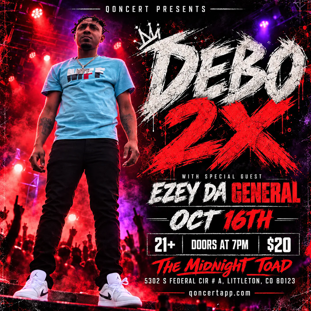 DEBO 2X flyer — the artist standing over a red-lit crowd under torn white and red lettering, with special guest Ezey Da General, October 16th, 21+, doors at 7pm, $20, presented by Qoncert.