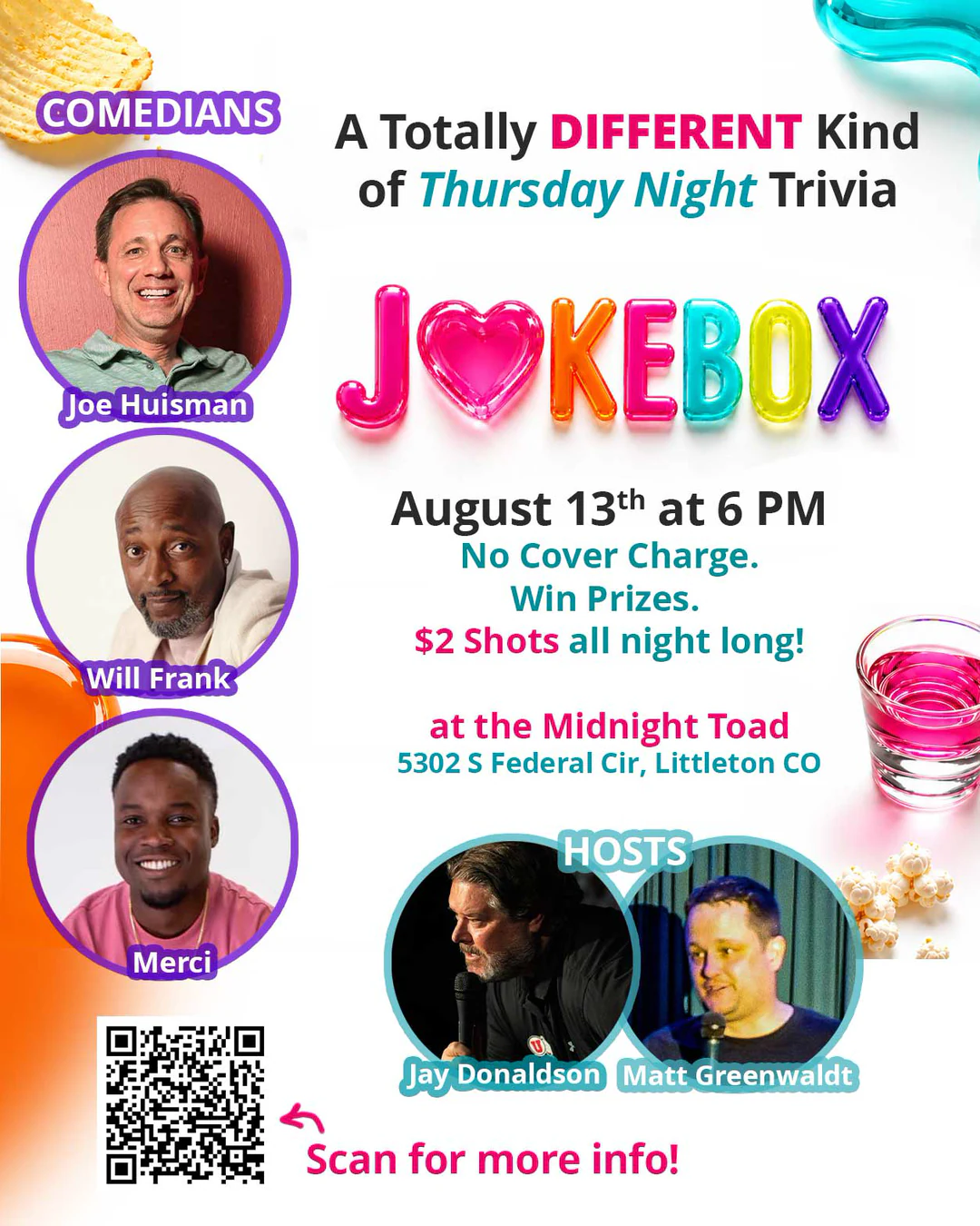 JOKEBOX flyer — a totally different kind of Thursday night trivia, August 13th at 6pm, no cover charge, with comedians Joe Huisman, Will Frank and Merci.