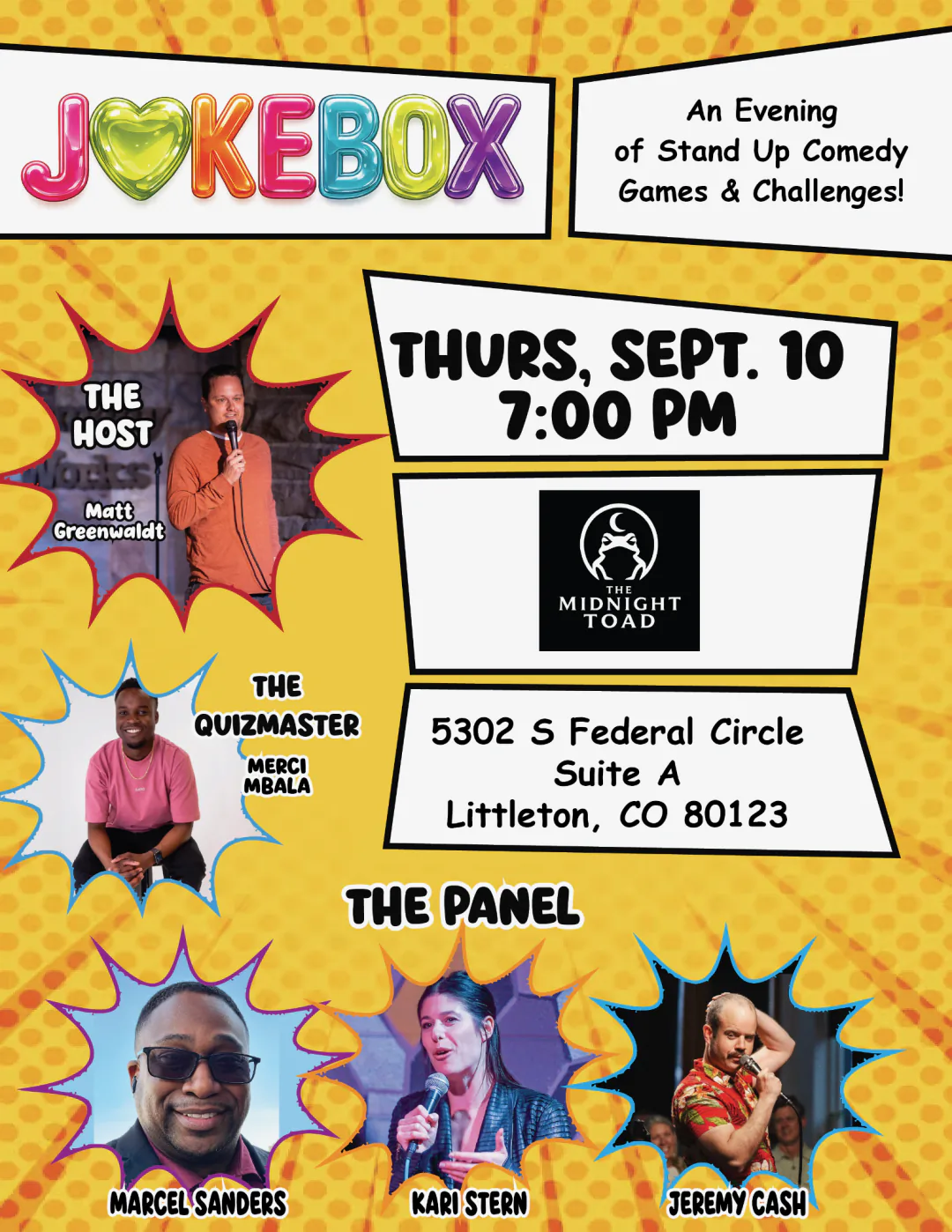 JOKEBOX flyer — comic-book panels on yellow halftone, Thursday September 10 at 7:00 PM at The Midnight Toad, with host Matt Greenwaldt, quizmaster Merci Mbala and a panel of three comics.