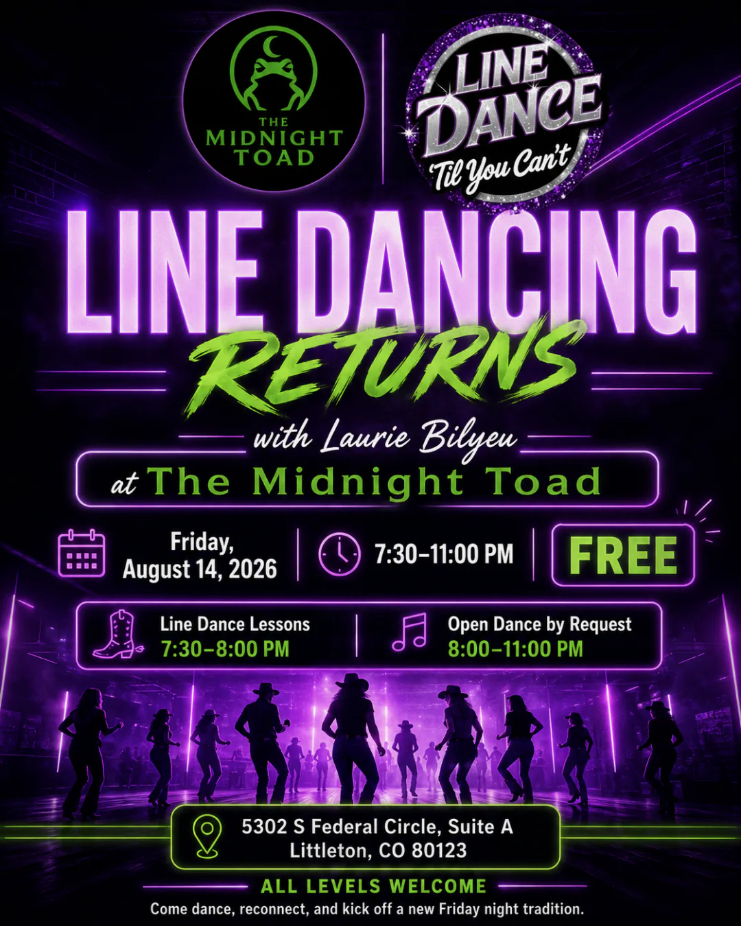 Line Dancing Returns flyer — purple neon lettering above silhouetted dancers in cowboy hats, Friday August 14 2026, 7:30 to 11pm, free.