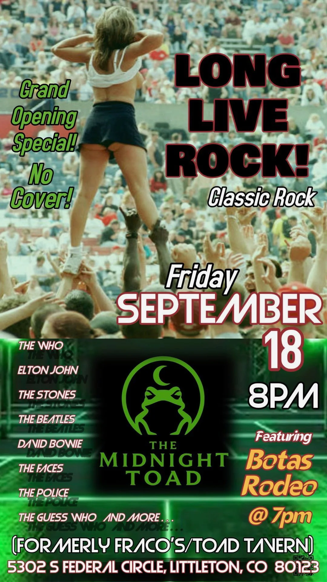 Long Live Rock flyer — a crowd surfer above a packed festival crowd, Friday September 18 at 8pm, no cover, featuring Botas Rodeo at 7pm playing classic rock.