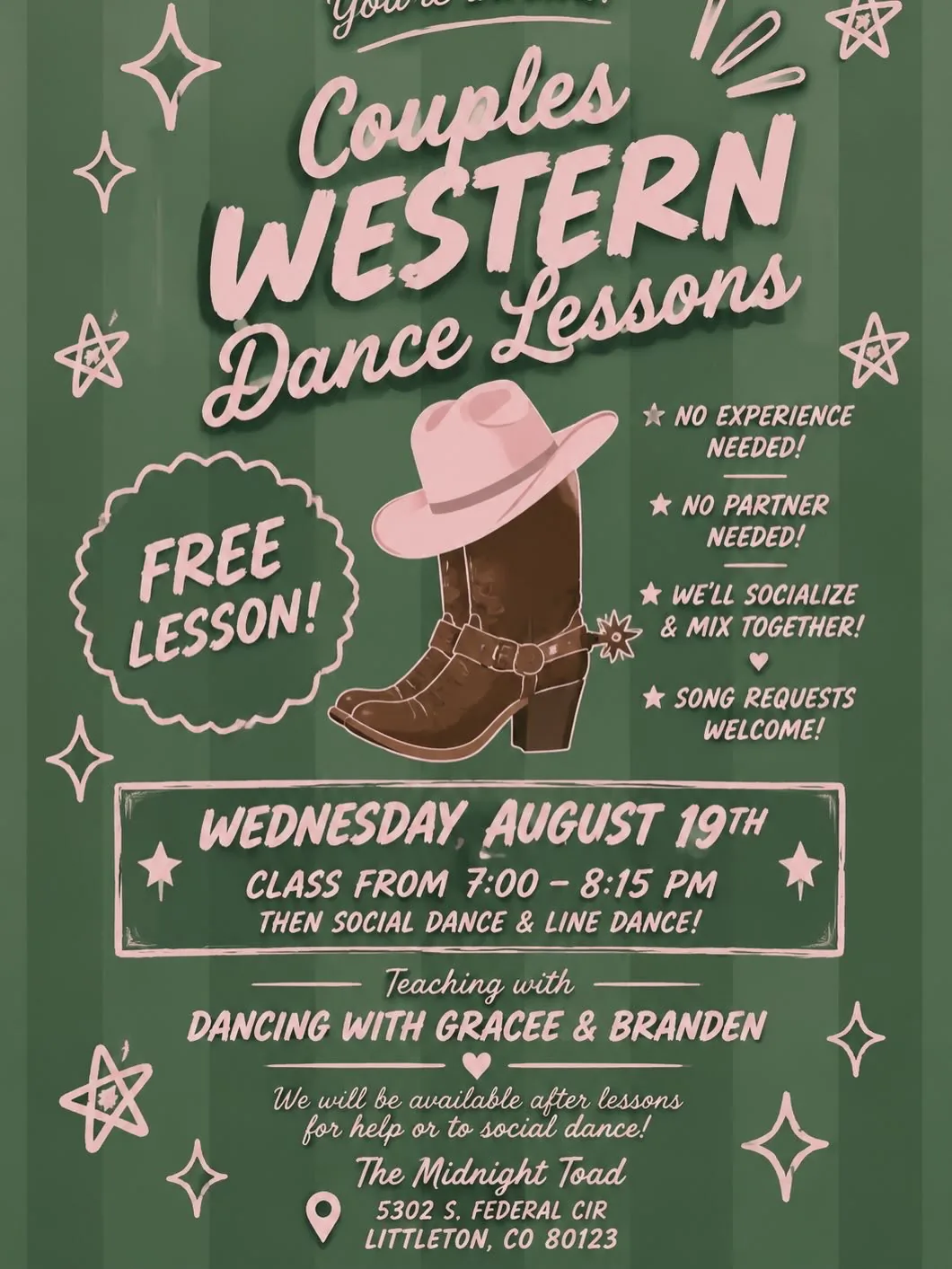 Couples Western Dance Lessons flyer — a pink cowboy hat resting on a boot against sage green, Wednesday August 19th, class from 7:00 to 8:15pm, free lesson.